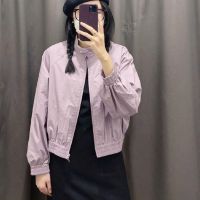 Uniqlo2023 Spring New Uniqlo Stand Collar Cotton Short Jacket Loose Raglan Sleeves Zipper Purple Jacket 456091