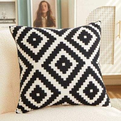 Geometric Plaid Embroidered Cushion Cover Soft Cotton Canvas Pillow Covers Decorative 45*45 Solid Color Pillowslip Decor Home