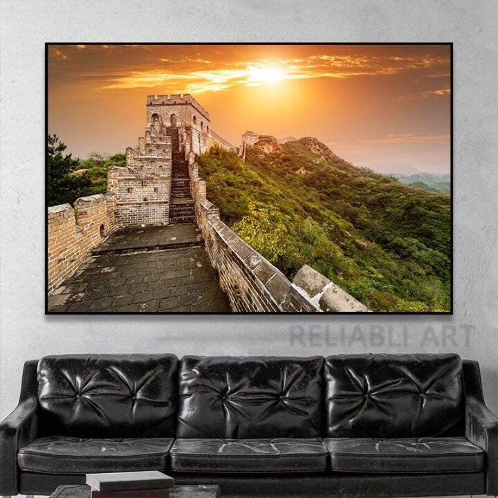 newchinese-great-wall-ภาพวาดผ้าใบ-wall-art-sunset-landscape-green-mountain-โปสเตอร์พิมพ์สำหรับห้องนั่งเล่น-wall-decor-cuadros