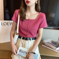 ✜♛ non5341 Korean version of the new lady retro French T-shirt square collar short sleeves