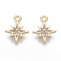 2pc Brass Micro Pave Cubic Zirconia Charms Nickel Free Eight Pointed Star Clear Real 18K Gold Plated 11x9x1mm Hole: 1mm