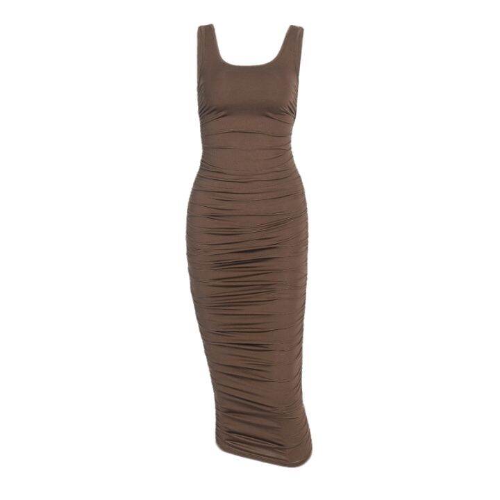 women-ruched-solid-sexy-party-dresses-sleeveless-skinny-clubwear-basic-dress