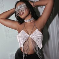 Women Jeweled CropTop V Neck Vest เสื้อเพชรปาร์ตี้  Spaghetti Strap Backless Metal Body Chain Bra Slip Sexy Rhinestone Tank Top Nightclub เสื้อสายฝอ สร้อยบีกีนี่  พร้อมส่งจากไทย • In Stock