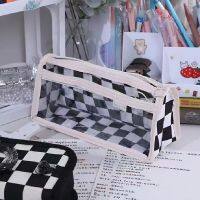 กระเป๋าใส่ดินสอซิปเกาหลีความจุขนาดใหญ่เคส PVC ใส Simple Black &amp; White Checkerboard กระเป๋าใส่เครื่องเขียนนักเรียน