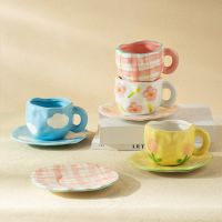 320ML Handmade Irregular Ceramic Coffee Cup And Saucer Set Flower Painted Reusable Oatmeal Milk Tea Mug With Handle Ho Use