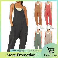 ผู้หญิงฤดูร้อน Casual Jumpsuit แขนกุดหลวมขากว้าง Rompers กับกระเป๋าขนาดใหญ่ Homewear ชุด Clothes