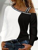 xixibeauty Rhinestone Color Block T-Shirt, Casual Long Sleeve Cold Shoulder T-Shirt, Womens Clothing