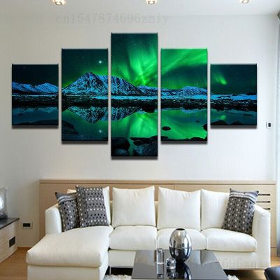 สีเขียวที่สวยงาม Aurora Borealis Snow Mountain Lake ผ้าใบพิมพ์ภาพวาด Wall Art Decor 5แผง HD พิมพ์โปสเตอร์ Room Decor Home Decor