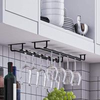 14-Inch Black Wine Glass Rack Glass Holder Hanging Bar Hanger Shelf Stemware Rack Hanging For Cabinet Kitchen Bar