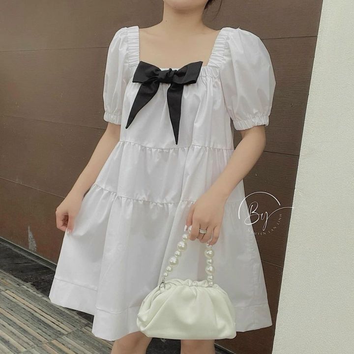 Đầm trắng xòe công chúa phối nơ cổ vuông thời trang Hàn Quốc,váy ...