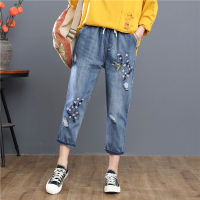 【มีไซส์ใหญ่】Plus Size Womens Embroidery Slim Jeans Casual Spring Summer Elastic Waist 8/10 Denim Pants