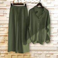 Ladies Summer Loose Leisure 2 Sets Of Vintage Solid Color Plus Size Cotton Linen Shirt High Waist Loose Trousers Two Sets