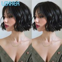 【DT】hot！ Lekker Short Wavy Bob Human Hair Wig With Bangs Colored Deep Ombre Blonde Burgundy