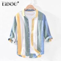 ◕ 2023 Turn-down Collar Three Quarter Fashion Striped Shirt Man Loose Korean All-match Cardigan