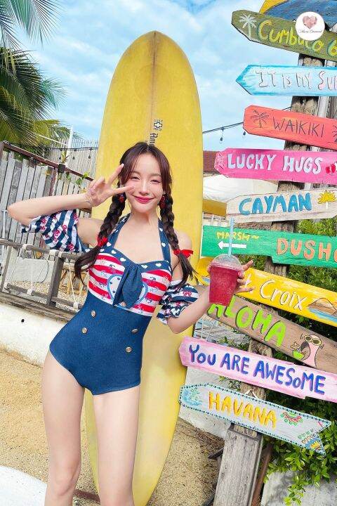 mariadiamond-captain-maria-swimwear-สีน้ำเงินแดง-ชุดว่ายน้ำ-กระโปรงตาข่าย-วันพีช-ชุดว่ายน้ำลายทหารเรือ