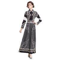 Womens Dress New Fashion All-Match Waist Slimming Positioning Printed Vintage Long Sleeve Maxi  Dress