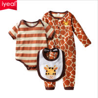 IYEAL 3PcsSet 0-18M Cute Animal Newborn Clothing Baby Rompers + Bib Cotton Baby Boy Girl Clothes Set Jumpsuit Roupas Pajama Set