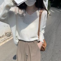 [COD] Early autumn Korean version loose all-match v-neck soft waxy long-sleeved gentle sweater womens tops