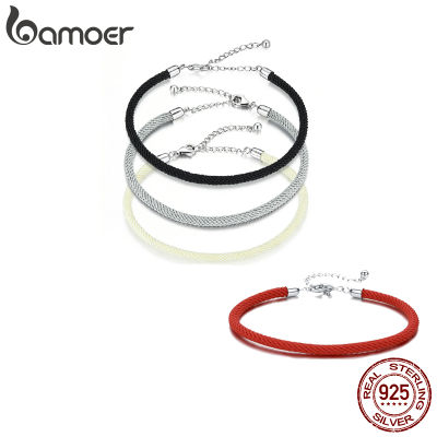 BAMOER ถักสร้อยข้อมือเงินแท้925 4สีเสน่ห์สร้อยข้อมือเชือกแฮนด์เมดสำหรับคนรักเพื่อน DIY ทำของขวัญวันครบรอบ