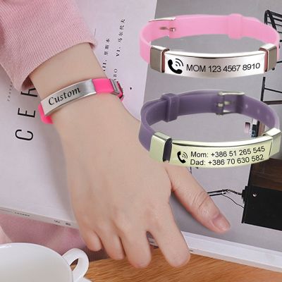 Personalized Stainless Steel Anti-Lost ID Bracelet SOS Custom Name Secure Soft Silicone Bangle Identity For Kid Child Jewelry
