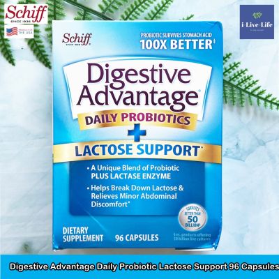 อาหารเสริม โปรไบโอติก ย่อยอาหารและ แลคโตส Digestive Advantage Daily Probiotic Lactose Support 96 Capsules - Schiff Emzyme