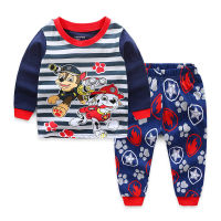 PAW Patrol ชุดนอนสำหรับเด็กผู้ชายใส่อยู่บ้าน2ชิ้น,เสื้อยืดเซ็ตชุดนอนเด็กแขนยาว + กางเกงขาสั้น2-7Y ฤดูใบไม้ผลิฤดูใบไม้ร่วง