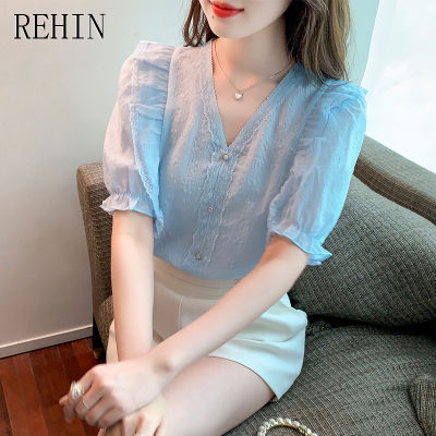 REHIN เสื้อคอวีแขนพองคอวีสีขาวสำหรับผู้หญิง,เสื้อเสื้อผู้หญิงแขนสั้นผ้าชีฟองหรูหราสไตล์เกาหลีแบบใหม่ฤดูร้อน