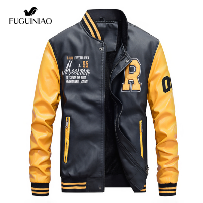 Fuguiniaoเสื้อแจ็คเก็ตหนังผู้ชาย,แจ็คเก็ตขี่มอเตอร์ไซค์แฟชั่นสีดำหนังPuดีไซน์เบสบอลแจ็คเก็ตขี่มอเตอร์ไซค์แบบบาง