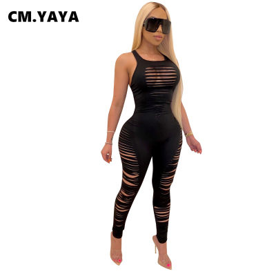 CM.YAYA Summer Women Jumpsuits Rompers Sleeveless Hollow Out Hole O-Neck Sexy Night Club Party Bandage One Piece Outfits