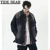 TIDE BEAR เสื้อยีนส์ผู้ชาย อเมริกันเรโทรถนน ฮิปฮอปเก่าเย็บปักถักร้อยหลุมหลวมไล่ระดับสีคู่ ojl