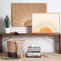 Boho Style Wall Art: บทคัดย่อ Burnt Orange Brown Rising Sun Line Prints. ศิลปะผ้าใบที่ไม่ซ้ำกันสำหรับการตกแต่งบ้านที่ทันสมัย