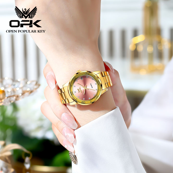 opk-นาฬิกาสำหรับผู้หญิง2023ใหม่แบรนด์ดังของแท้หรูหรากันน้ำสว่างสแตนเลสสายเหล็กลำลอง