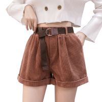 Autumn Winter Women Corduroy Shorts With Belt 2021 High Waist Loose Casual Warm Ladies Plus Size Short For Boot Pink 4XL