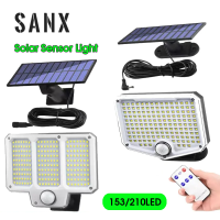 SANX หลอดไฟพลังงานแสงอาทิตย์กลางแจ้ง LED 153/210สว่างมาก3โหมดไฟถนนกันน้ำโคมไฟติดผนังเซ็นเซอร์เคลื่อนไหว IP65พร้อมรีโมทสำหรับสวน