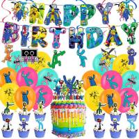 Rainbow Friends 2 theme kids birthday party decorations banner cake topper balloons swirls set supplies