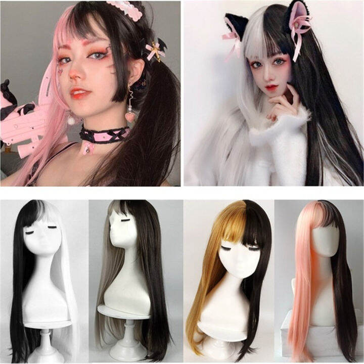 ทรงผมใหม่-วิคผม-ผมต่อ-เครื่องประดับผม-แฟชั่นผู้หญิง-lady-girl-black-amp-white-ombre-ธรรมชาติวิกผมยาวตรงคอสเพลย์น่ารักวิกผมทรงโลลิต้า-ghy