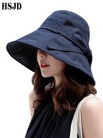 Fashion Bow Denim Blue Sun Bucket Hat Summer Women Anti-UV Wide Brim Beach Hat Cotton Bowknot Foldable Sun Hats Fisherman Cap