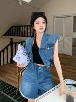 SEZO ชุดสองชิ้นเสื้อกั๊กมีปกแขนกุด Celana Pendek Denim เกาหลี สำหรับผู้หญิง