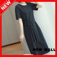 NEW MALL Plus Size Fat Sister Middle-Aged And Elderly MotherS Dress Mid-Length Waist Striped Dress