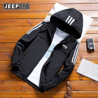 JEEP SPIRIT เดินป่ากลางแจ้งเสื้อกันฝนน้ำหนักเบา,แจ็คเก็ตลำลองผู้ชายมีฮู้ดกันน้ำฤดูใบไม้ร่วง