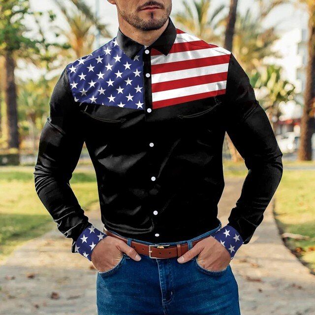 เสื้อเชิ้ตแขนยาวสำหรับผู้ชายผ้าแถบสีเย็บติดกันลายทางลำลอง2023ธงชาติอเมริกาคอพับมีกระดุม
