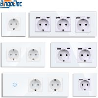 Bingoelec EU Wall Socket with USB Type-c Interfaces Touch Light Switches Glass Panel Blue Backlight Touch Off/on Switch Ratchets Sockets