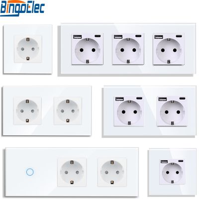 Bingoelec EU Wall Socket with USB Type-c Interfaces Touch Light Switches Glass Panel Blue Backlight Touch Off/on Switch