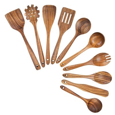 Wooden Cooking Utensils, Kitchen Utensils Set with Holder Teak Wood Spoons and Wooden Spatula for Cooking