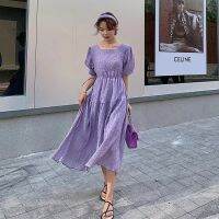 เสื้อผ้าแฟชั่นสำหรับสุภาพสตรี Super sweet spring fairy can salt can French gentle wind dating show thin purple dress skirt female lace-up covered belly