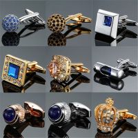 Luxury Silver Cufflinks for Mens Blue Crystal Gold Cufflink Vintage Shirt Cuff Links Collar Pin Wedding Suit Accessories B033