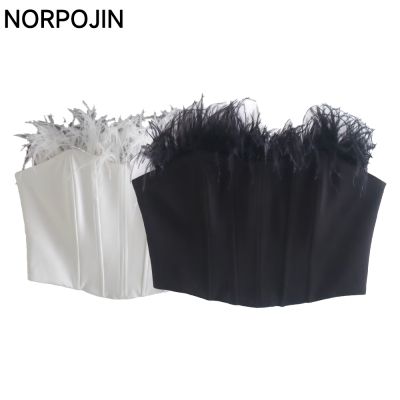 [ใหม่] White Feather Corset Top ผู้หญิง Elegant Tube Top Chic Lady แฟชั่น Crop Tops สีดำ Feathers Clubwear Party Prom เสื้อผ้า