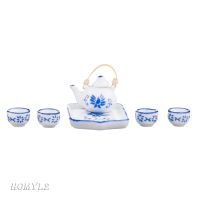 [HOMYLcfMY] th Dolls House Miniature Ceramic Kung Fu Tea Set Pot Cups with Blue Floral