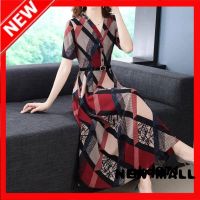 NEW MALL Belted Dress 2022 Summer New R Print Waist-Length Plaid Long Skirt Trend