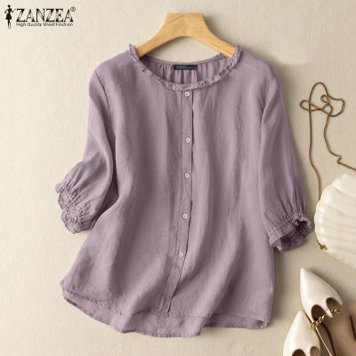 (จัดส่งฟรี)Fancystyle ZANZEA เสื้อหลวมลำลองผู้หญิงฤดูร้อนเสื้อแขนสั้นมีกระดุม Ruffles เสื้อสีทึบ #2